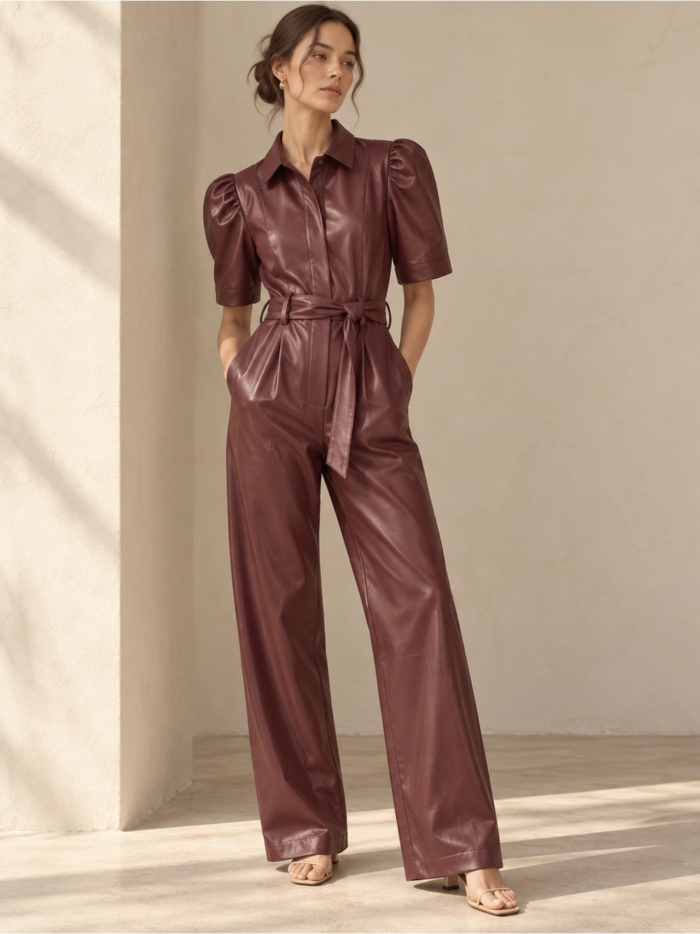 Line and Dot Revolve Vegan Leather Maroon Brown Red Jumpsuit Tie Fall Autumn